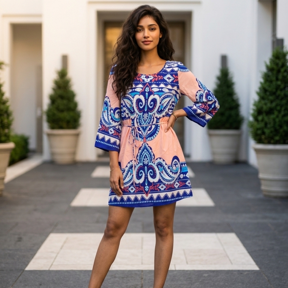 Filly Flair Boho Mini Dress Peach Blue Paisley Tie Back Shift Small Festival Fun